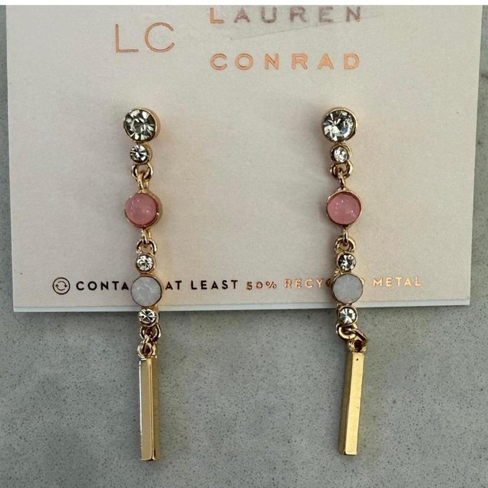 LC Lauren‎ Conrad Pink White Stone Rhinestone Drop Earrings Gold Tone NWT